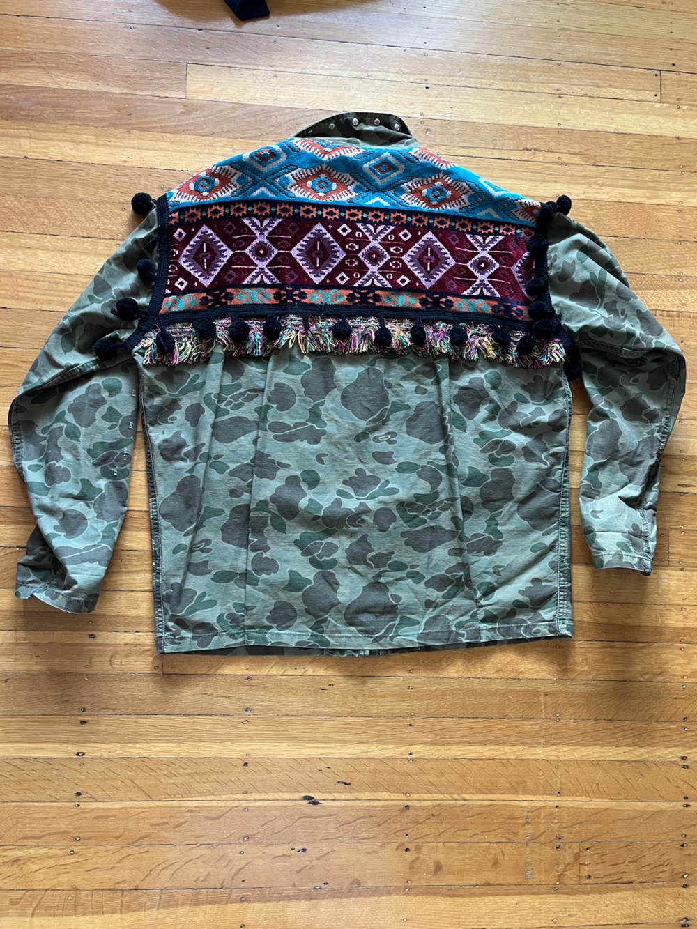 Zara Woman embellished studded distressed Pom poms oriental rug camo jacket m